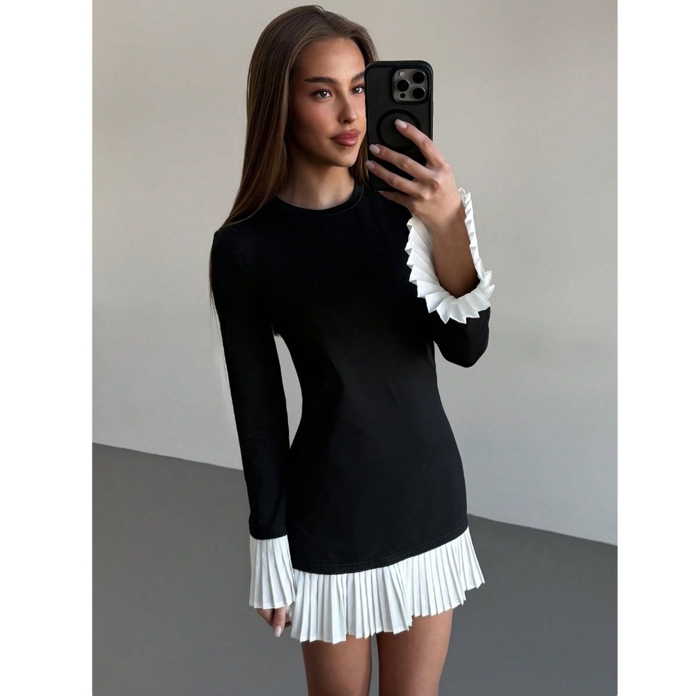 Short Black Dress White Skirt Cuff Pleated Trim Long Sleeve - Picture 3 of 10